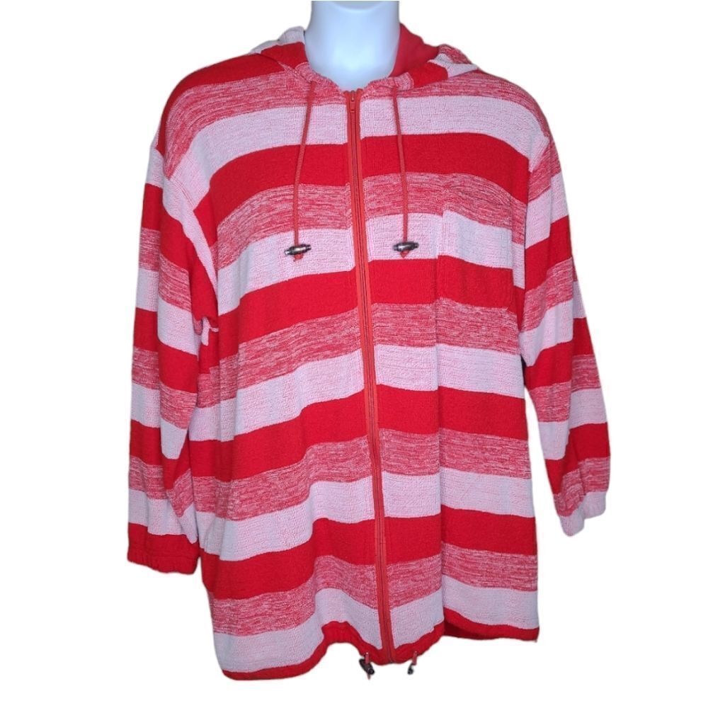 VINTAGE 90s red terry cloth zip up striped oversized hooded beach sweatshirt L